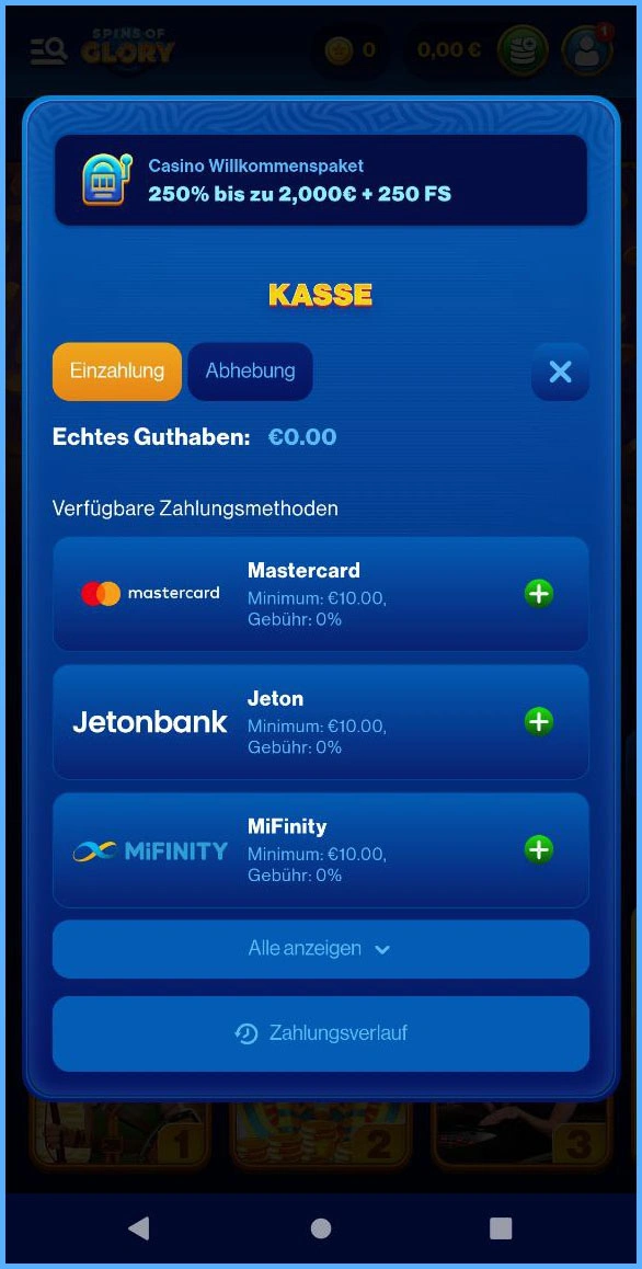 Übersicht aller Einzahlungsmethoden im Spins of Glory Casino