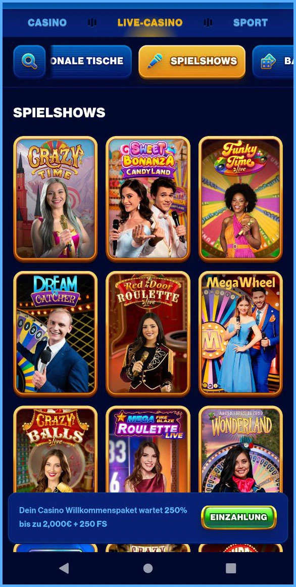 Spielshows im Live-Casino bei Spins of Glory Casino